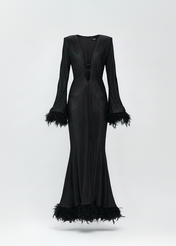 Silk Satin Feather-Trimmed Evening Gown