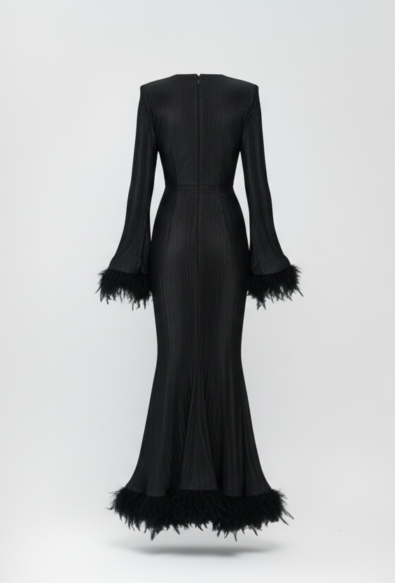 Silk Satin Feather-Trimmed Evening Gown