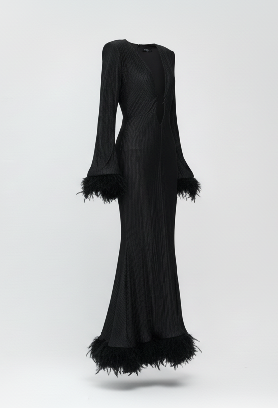 Silk Satin Feather-Trimmed Evening Gown
